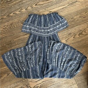 Japna Blue White Floral Wide Flare Ruffle Leg Romper Sleeveless Jumpsuit Size M